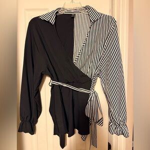 Women’s Plus SHEIN Sz 3x Long Sleeve Black White Stripe Wrap Blouse Shirt